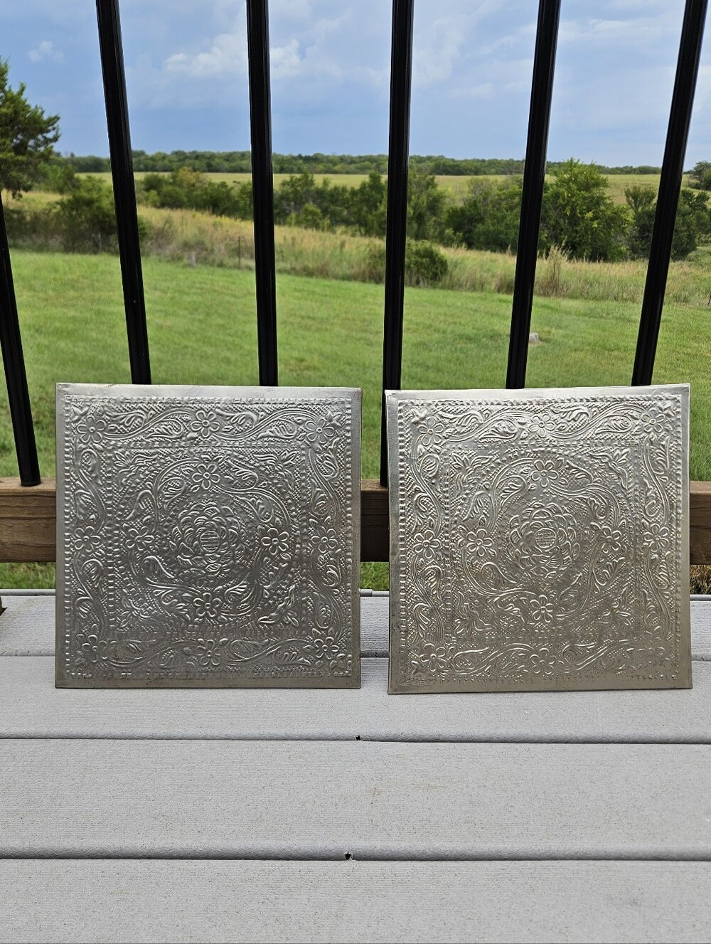 Pair Hosley Silver Metal Wall Tiles Embossed Floral Plaques Boho Shabby Chic 12"
